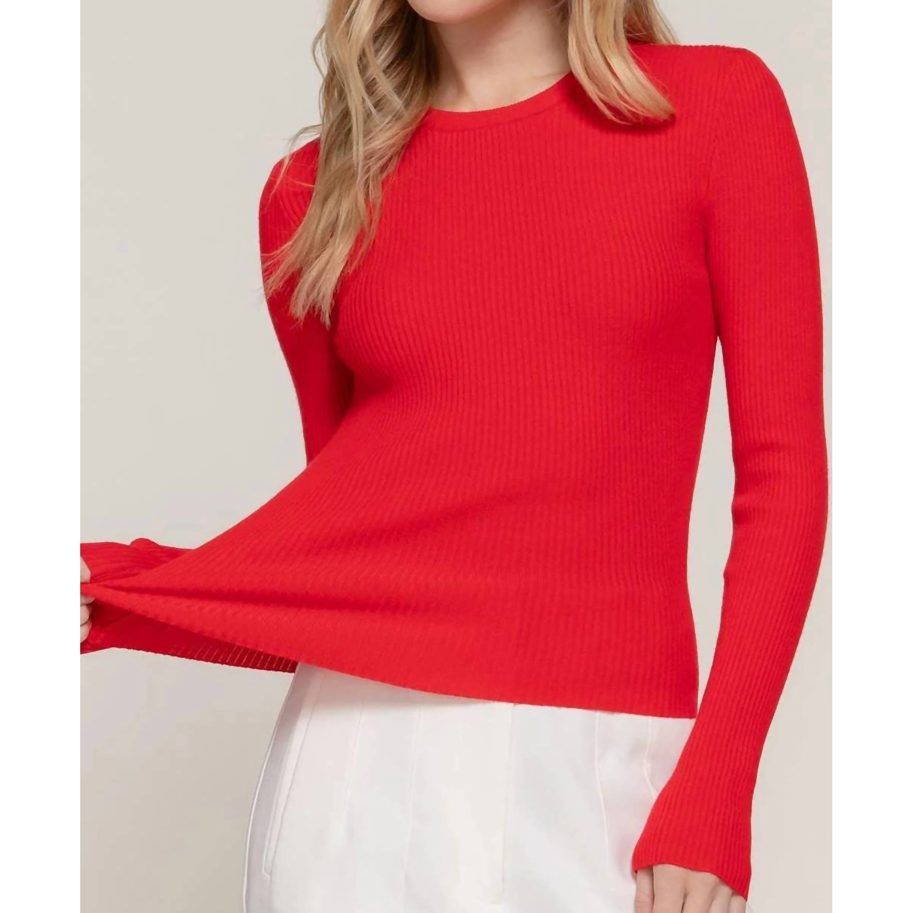 New Active Basic Ribbed Knit Long Sleeve Top In Red